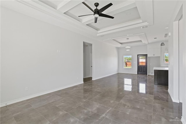 1003 Short Rd, San Juan, TX 78589 - unfurnished living room featuring marble finish floor, a raised ceiling, visible vents, baseboards, and ceiling fan