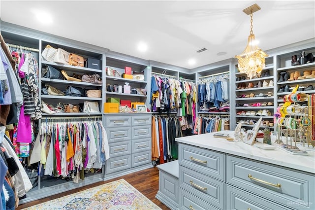 walk in closet with dark hardwood / wood-style flooring