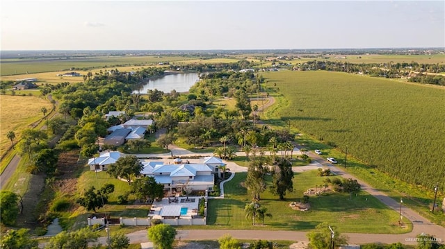 bird's eye view featuring a rural view and a water view