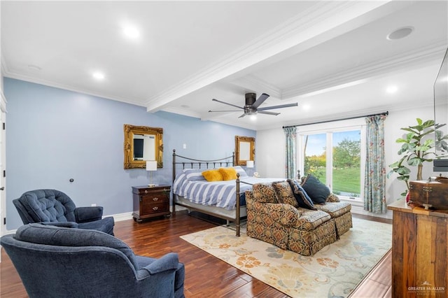 bedroom with beam ceiling, dark hardwood / wood-style flooring, ceiling fan, and crown molding