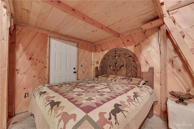 bedroom featuring wooden walls, beamed ceiling, and wooden ceiling