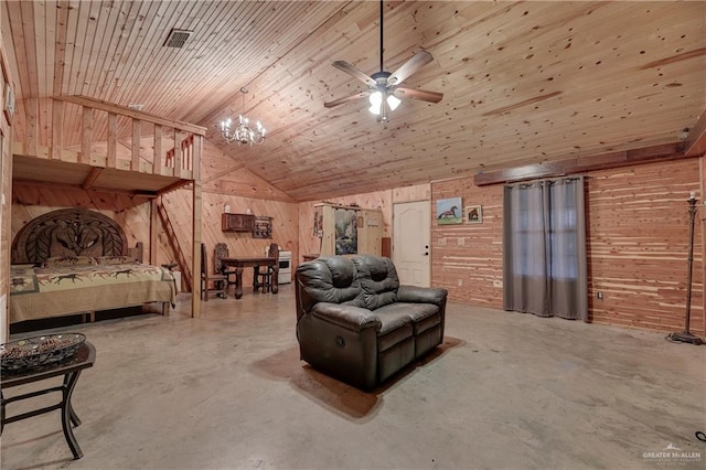 interior space with wood ceiling, ceiling fan with notable chandelier, high vaulted ceiling, concrete floors, and wood walls