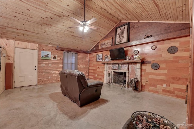 living room with high vaulted ceiling, wooden ceiling, and wood walls