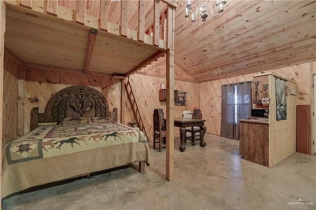 bedroom featuring wood ceiling, wood walls, concrete floors, and lofted ceiling