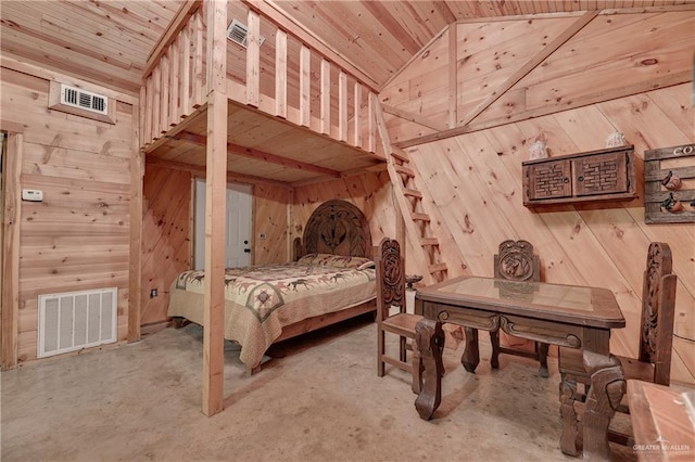 bedroom with concrete flooring, wood walls, wood ceiling, and vaulted ceiling