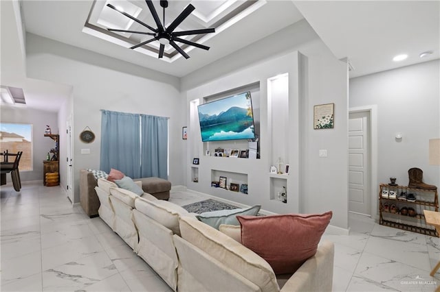 915 Rockford Dr, Alton, TX 78573 - living area featuring light marble finish flooring, recessed lighting, and ceiling fan