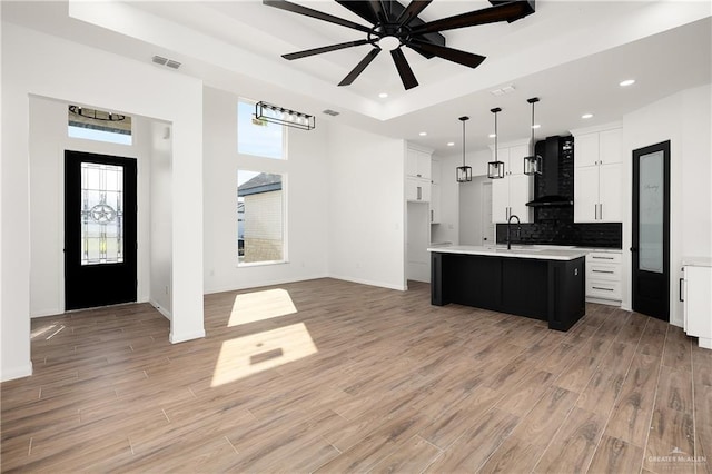 kitchen with light wood finished floors, ventilation hood, light countertops, a tray ceiling, and a sink