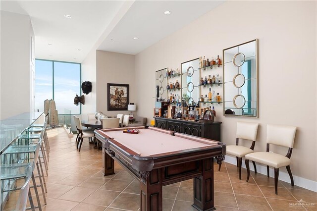 310-A Padre Blvd Unit 3102, South Padre Island, TX 78597 - playroom with a wall of windows, tile patterned flooring, pool table, a dry bar, and recessed lighting