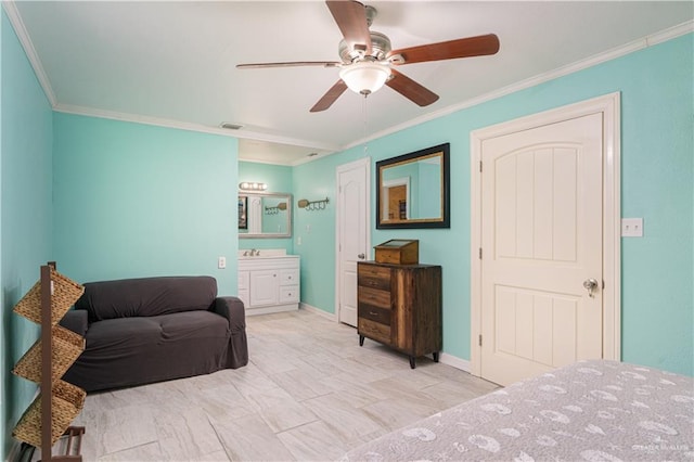 bedroom with ensuite bath, ceiling fan, and ornamental molding