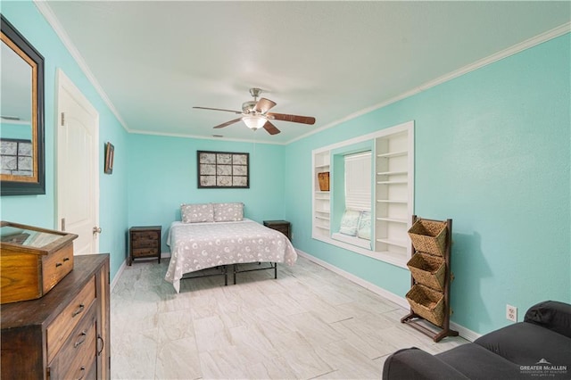 bedroom featuring ceiling fan and ornamental molding