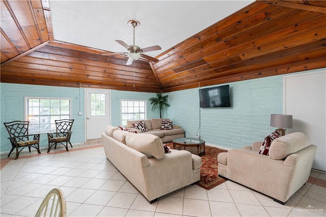 tiled living room with wooden ceiling, lofted ceiling, and brick wall