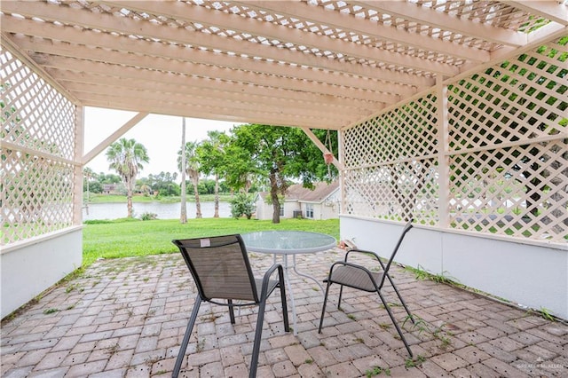 view of patio / terrace featuring a water view and a pergola