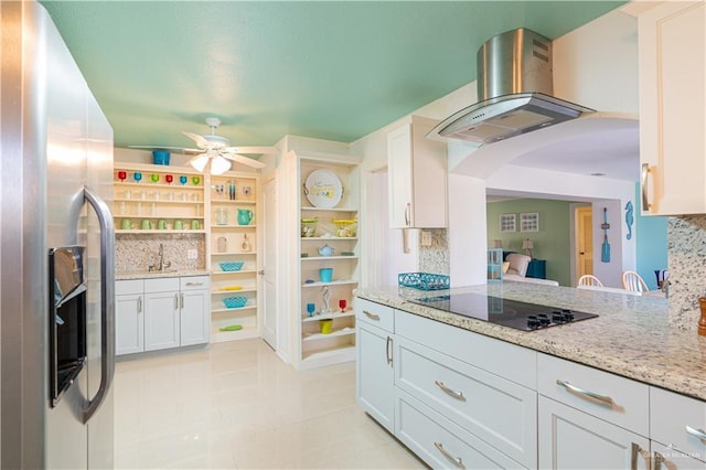 kitchen featuring stainless steel fridge with ice dispenser, black electric cooktop, white cabinetry, and island range hood