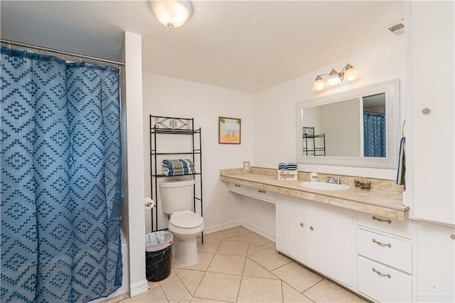 bathroom featuring tile patterned floors, walk in shower, vanity, and toilet