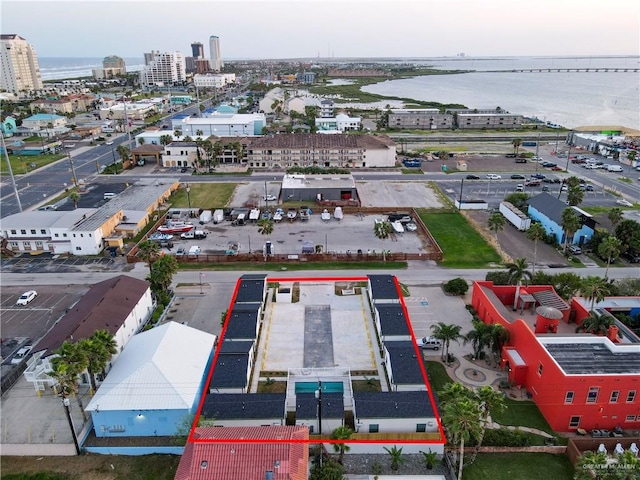 drone / aerial view featuring a water view