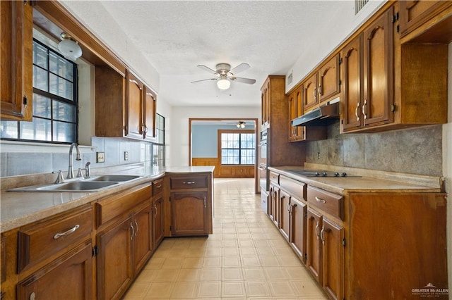 3401 Del Norte Dr, Mission, TX 78574 - kitchen featuring under cabinet range hood, backsplash, a sink, black electric stovetop, and ceiling fan
