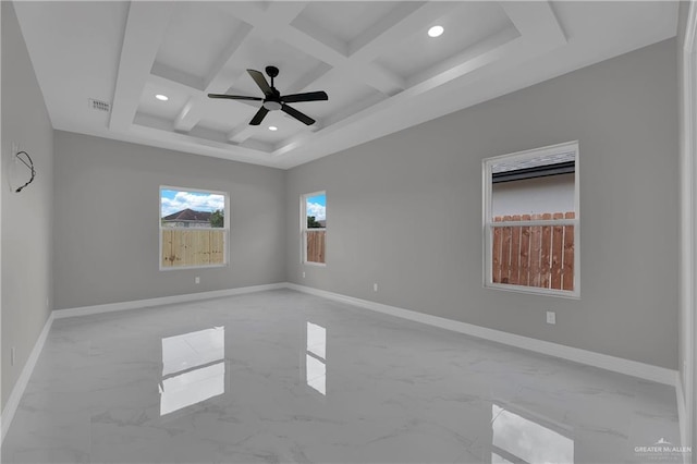 spare room featuring marble finish floor, recessed lighting, visible vents, coffered ceiling, and baseboards