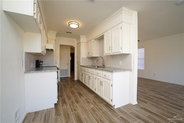 kitchen with white cabinets, sink, decorative backsplash, light stone countertops, and wood-type flooring