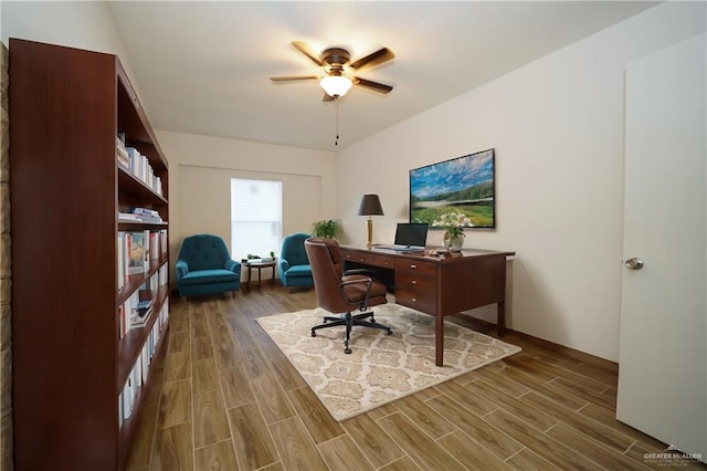 office featuring ceiling fan and hardwood / wood-style flooring