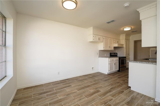 kitchen with a wealth of natural light, stainless steel electric range oven, white cabinets, and light stone countertops