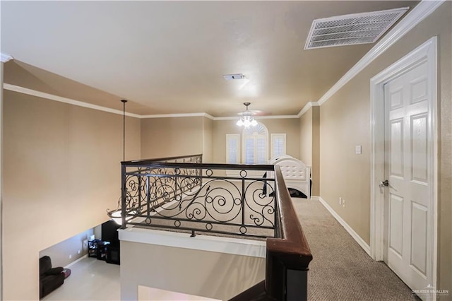 interior space featuring carpet and ornamental molding