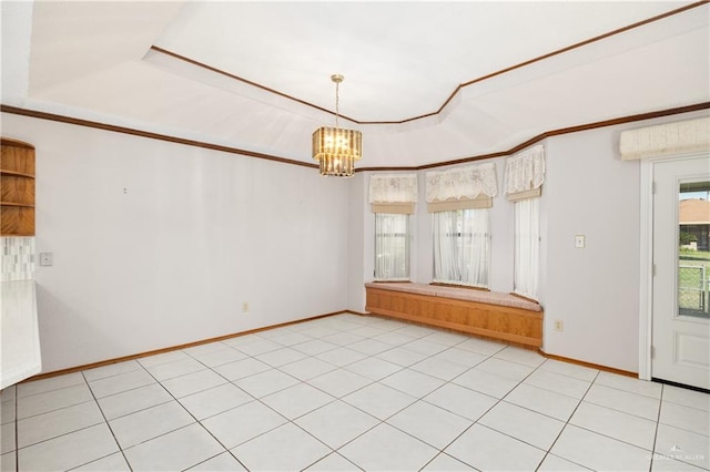 interior space with light tile patterned floors, a tray ceiling, and an inviting chandelier