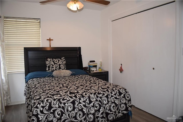 bedroom with ceiling fan, a closet, and dark hardwood / wood-style floors