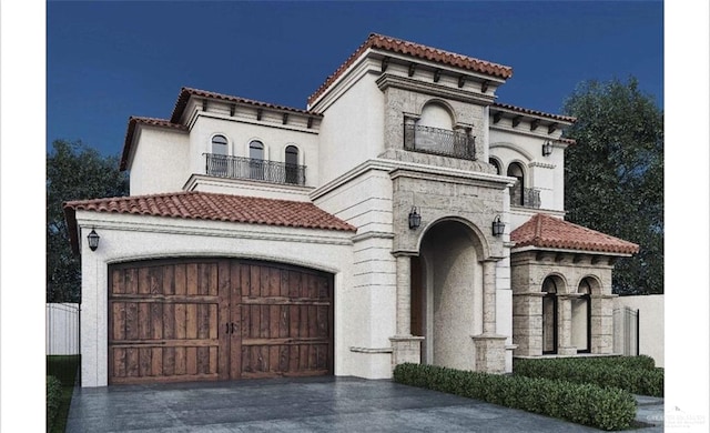 mediterranean / spanish-style house with a balcony and a garage