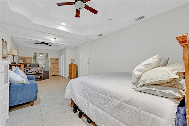 bedroom featuring light tile patterned floors, visible vents, a raised ceiling, a ceiling fan, and recessed lighting