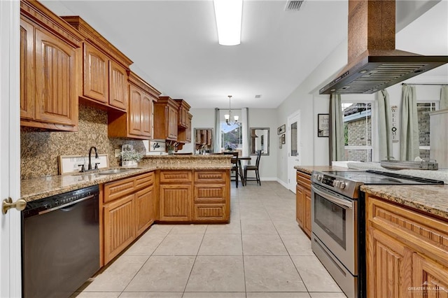 kitchen with pendant lighting, black dishwasher, stainless steel electric stove, a sink, and island range hood