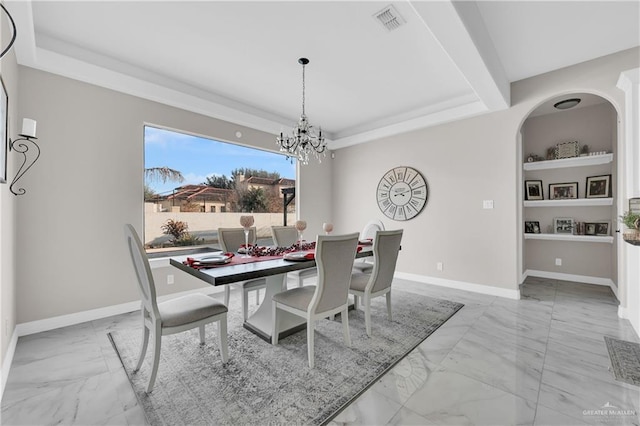 dining room featuring beamed ceiling and a notable chandelier