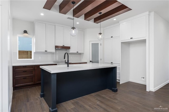 kitchen with white cabinets, pendant lighting, sink, and an island with sink