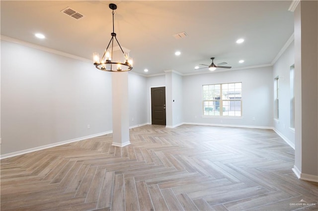 spare room with ceiling fan with notable chandelier, light parquet floors, and crown molding