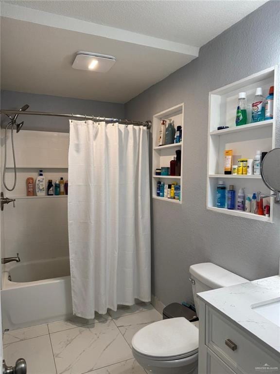 full bathroom with vanity, a textured ceiling, shower / bath combo, and toilet