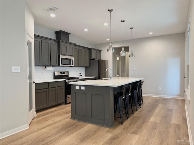 kitchen with light wood-type flooring, stainless steel appliances, hanging light fixtures, and a center island with sink