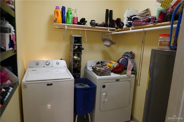 laundry room with water heater and washer and clothes dryer