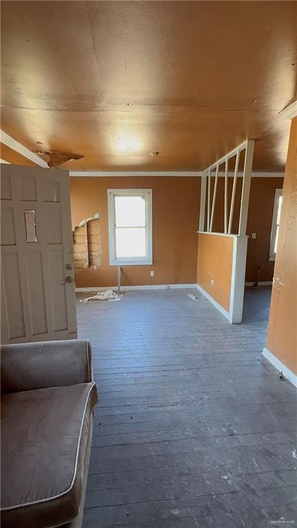 interior space featuring hardwood / wood-style flooring, baseboards, and ornamental molding