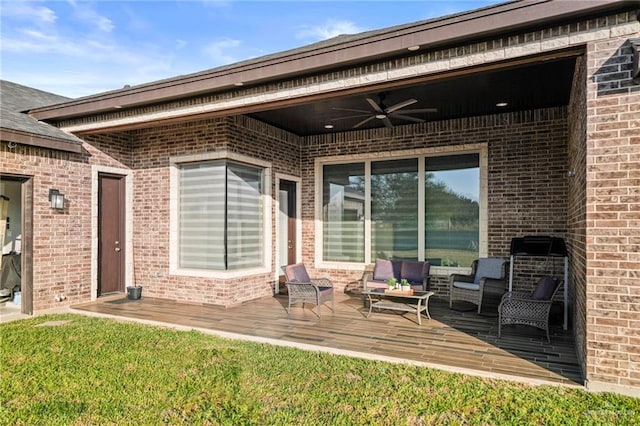 rear view of house featuring an outdoor hangout area, a deck, and ceiling fan