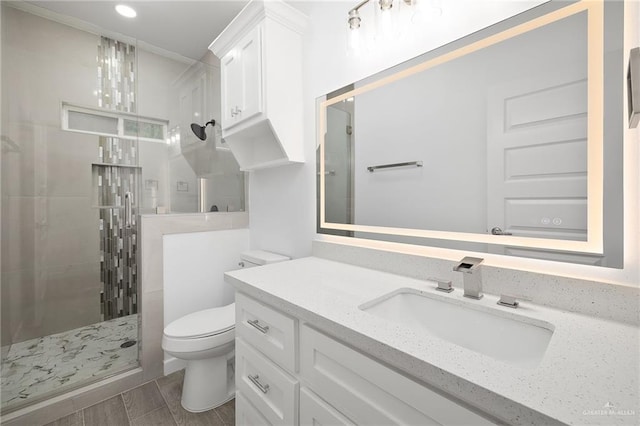 full bathroom featuring a shower stall, toilet, and vanity