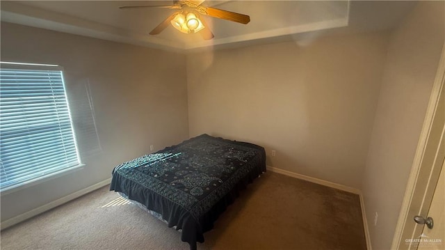 carpeted bedroom featuring multiple windows, a tray ceiling, and ceiling fan