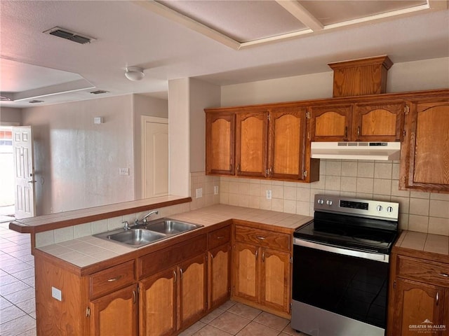 kitchen featuring sink, electric range, tasteful backsplash, tile countertops, and kitchen peninsula