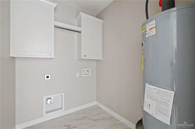 2005 Lime St, San Juan, TX 78589 - laundry area with water heater, electric dryer hookup, cabinet space, light marble finish floors, and washer hookup