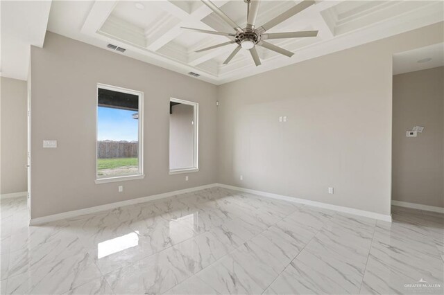2005 Lime St, San Juan, TX 78589 - spare room featuring coffered ceiling, ceiling fan, light marble finish flooring, beam ceiling, and baseboards
