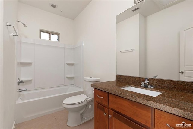 full bathroom with shower / washtub combination, visible vents, toilet, vanity, and tile patterned floors