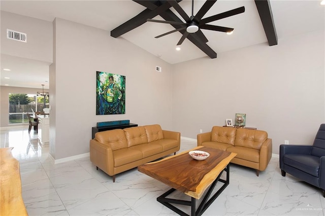 living room with lofted ceiling with beams and ceiling fan