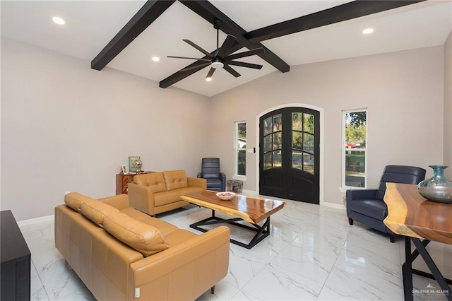 living room featuring vaulted ceiling with beams, ceiling fan, and french doors