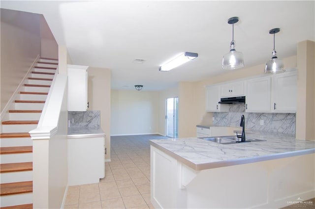 kitchen with sink, white cabinets, backsplash, hanging light fixtures, and kitchen peninsula