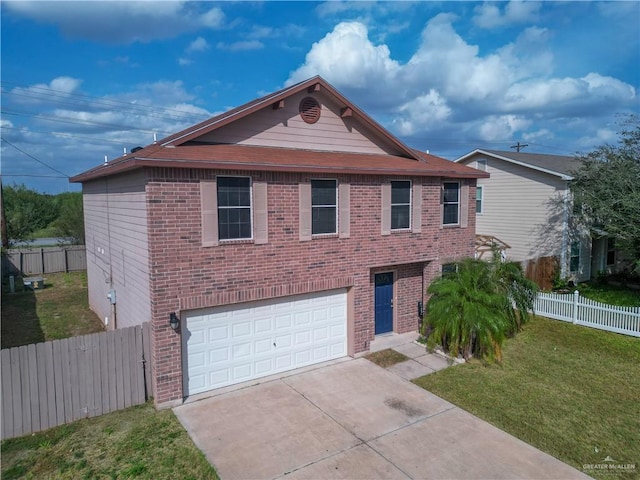 view of front of property with a garage and a front lawn