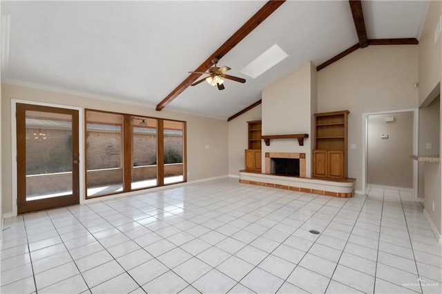 unfurnished living room with light tile patterned flooring, beamed ceiling, a skylight, ceiling fan, and high vaulted ceiling