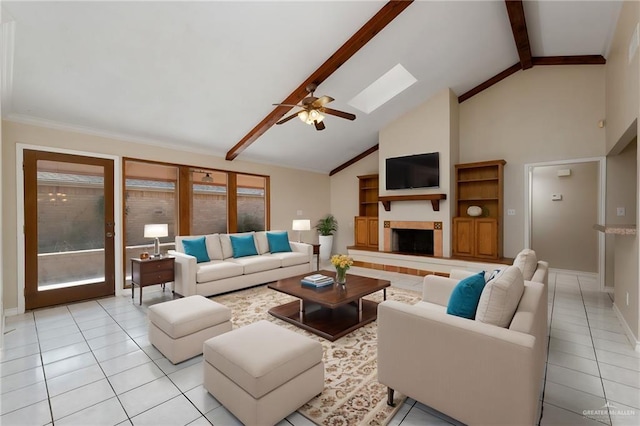 tiled living room featuring a skylight, high vaulted ceiling, ceiling fan, and beam ceiling